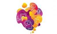 A graphic featuring orange and purple shapes