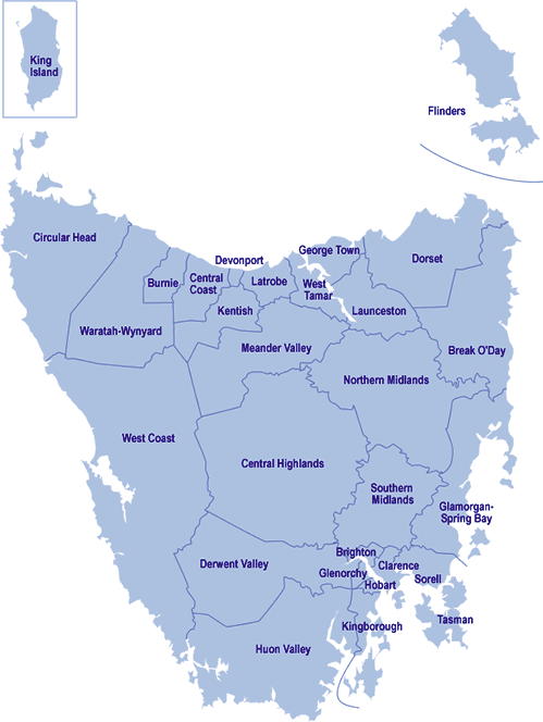 Map of Tasmania divided into municipalities