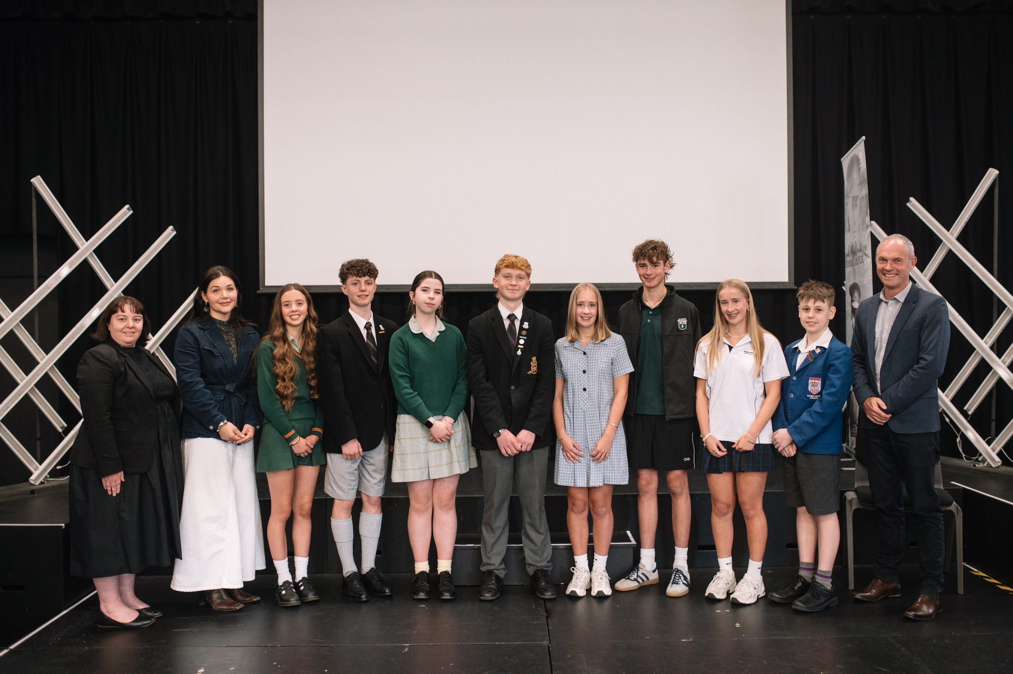 The Frank MacDonald Group 2026 (from left): Claire Bugg (teacher chaperone), Brielle Quigley (DPAC Tour Leader), Tilly Blake, Charlie Johnson, Maeve Kok-Connors, Henry Smith, Elsie Oldfield, Charlie Blundell, Molly Oldfield, Jackson Kennedy, Andrew French (teacher chaperone).