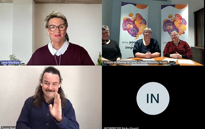A webinar session split into four screens. Jane Wardlaw is in the top left screen. The top right screen has three women. The bottom left screen has an Auslan interpreter. The bottom right screen has the initials of another Auslan interpreter.