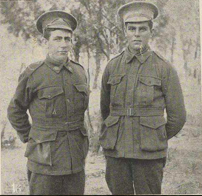 A black and white photo of Private John Fisher and Private Marcus Brown.  Both are wearing Australian Imperial Force uniforms from World War One. 