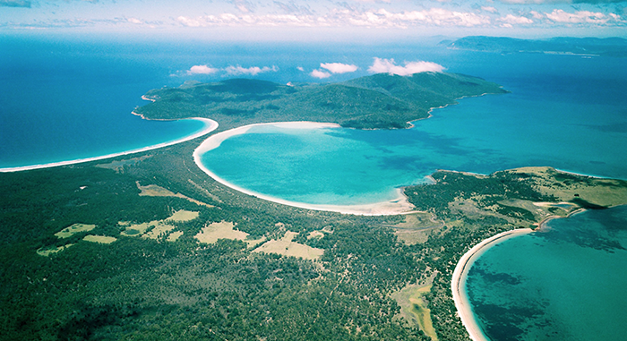 The Isthmus between the two halves of Maria Island with Riedle Bay on the left, Shoal Bay in the centre and Booming Bay on the right.