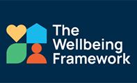The Wellbeing Framework working is on navy blue background and features graphics representing a yellow love heart, blue house, green leaf and organise head.
