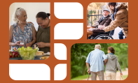 A montage of people caring in caring roles among white curved shapes