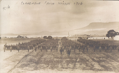 Sepia photo of Claremont Camp with troops lined up