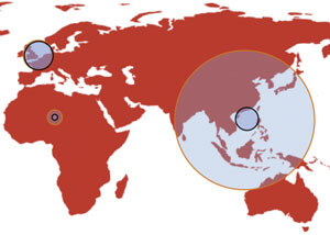 Map of the world, highlighting Asia.