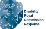 blue cloud with disability icons with the words Disability Royal Commission Response to the right.